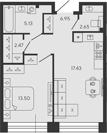 Планировка — BASHNI ELEMENT, 2-комн., 48 м²