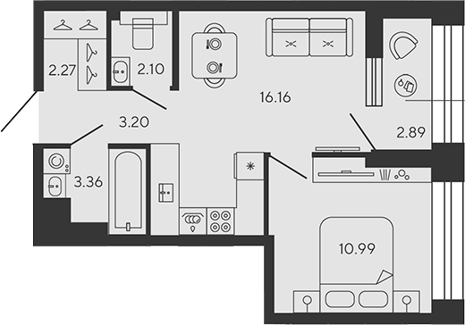 Планировка — BASHNI ELEMENT, 2-комн., 38 м²