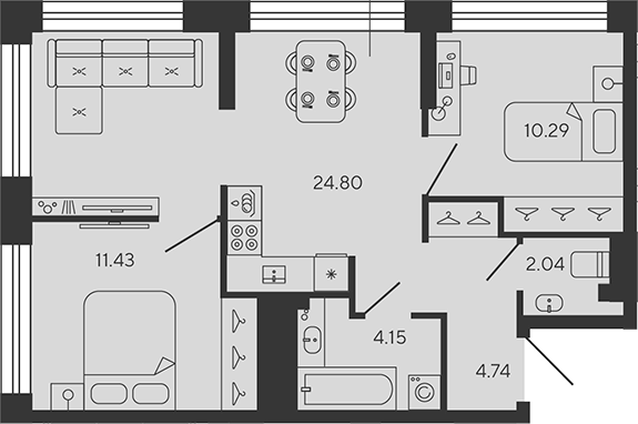 Планировка — BASHNI ELEMENT, 3-комн., 57 м²