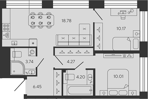 Планировка — BASHNI ELEMENT, 3-комн., 58 м²