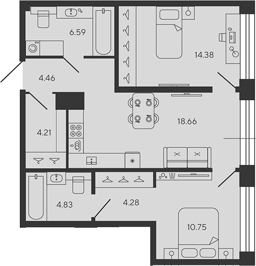 Планировка — BASHNI ELEMENT, 3-комн., 68 м²