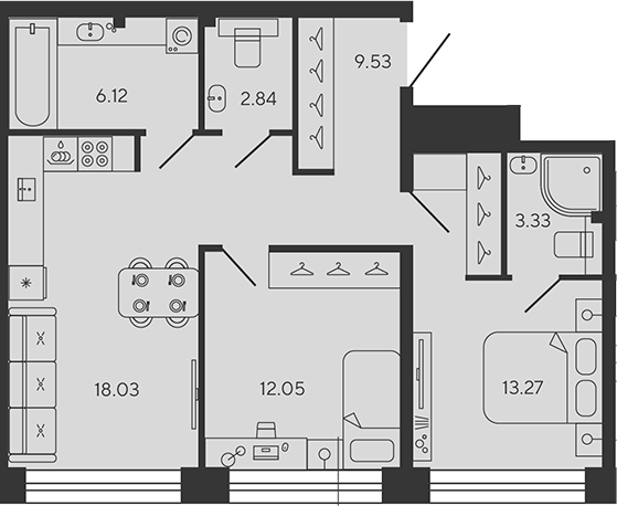 Планировка — BASHNI ELEMENT, 3-комн., 65 м²