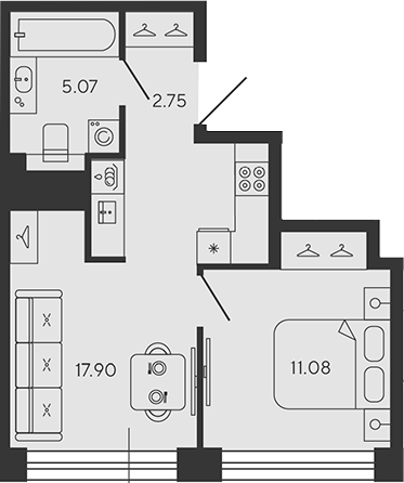 Планировка — BASHNI ELEMENT, 2-комн., 37 м²