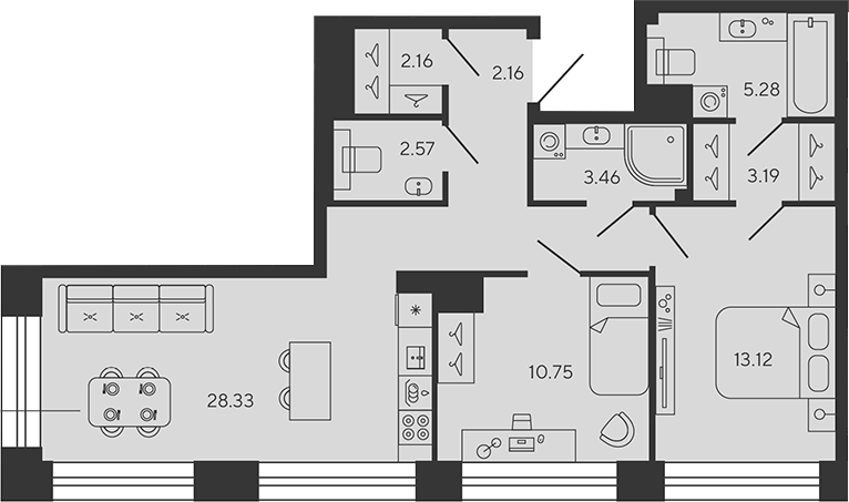 Планировка — BASHNI ELEMENT, 3-комн., 71 м²