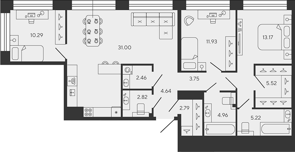 Планировка — BASHNI ELEMENT, 4-комн., 99 м²