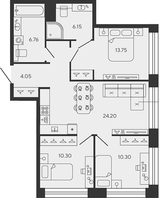 Планировка — BASHNI ELEMENT, 4-комн., 76 м²