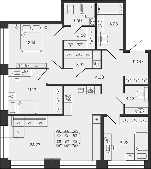 Планировка — BASHNI ELEMENT, 4-комн., 95 м²