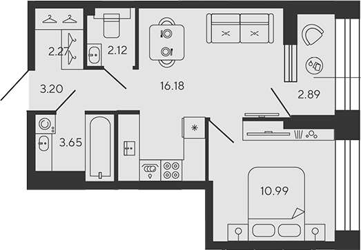 Планировка — BASHNI ELEMENT, 2-комн., 38 м²