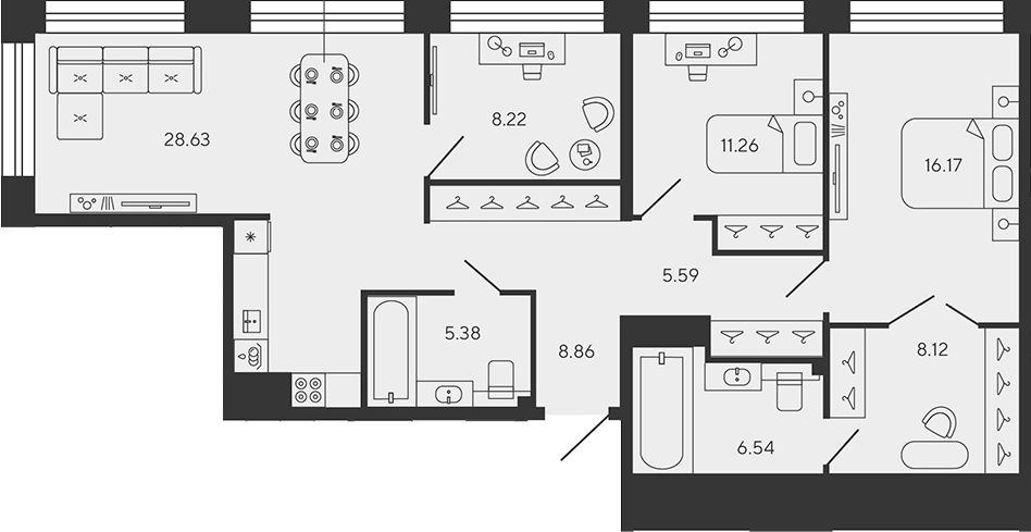 Планировка — BASHNI ELEMENT, 4-комн., 99 м²
