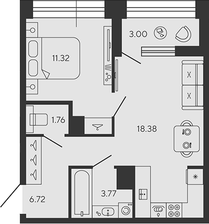 Планировка — BASHNI ELEMENT, 2-комн., 42 м²