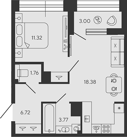 Планировка — BASHNI ELEMENT, 2-комн., 42 м²