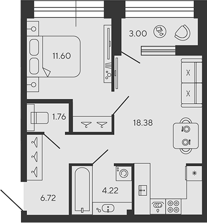 Планировка — BASHNI ELEMENT, 2-комн., 42 м²