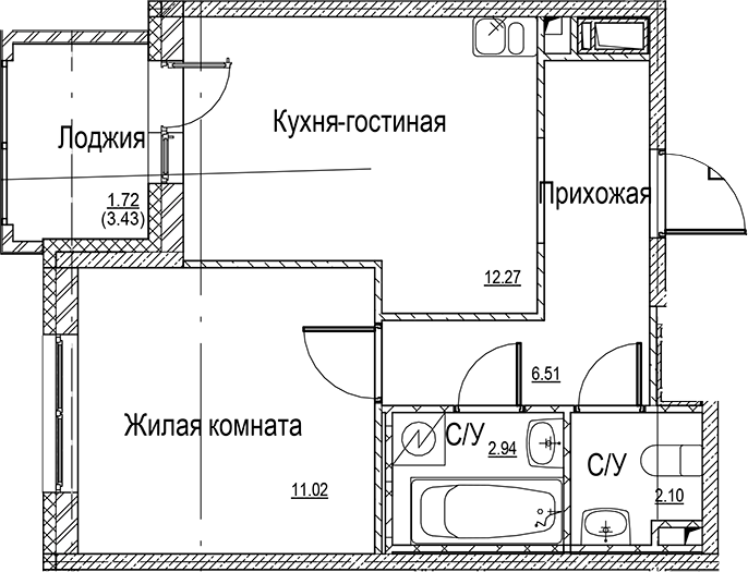 Планировка — ID Kudrovo II, 2-комн., 35 м²