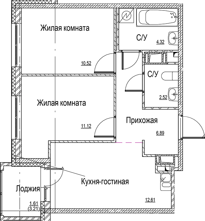 Планировка — ID Kudrovo II, 3-комн., 48 м²
