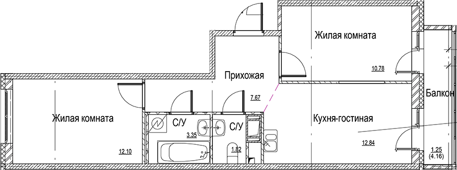 Планировка — ID Kudrovo II, 3-комн., 49 м²