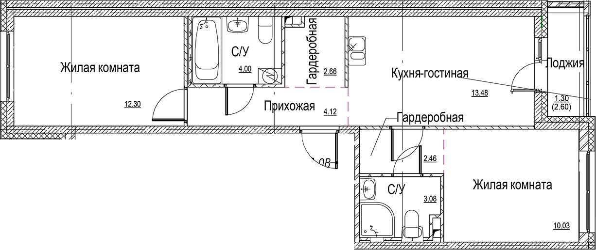 Планировка — ID Kudrovo II, 3-комн., 52 м²