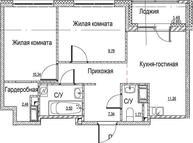 Планировка — ID Kudrovo II, 3-комн., 46 м²