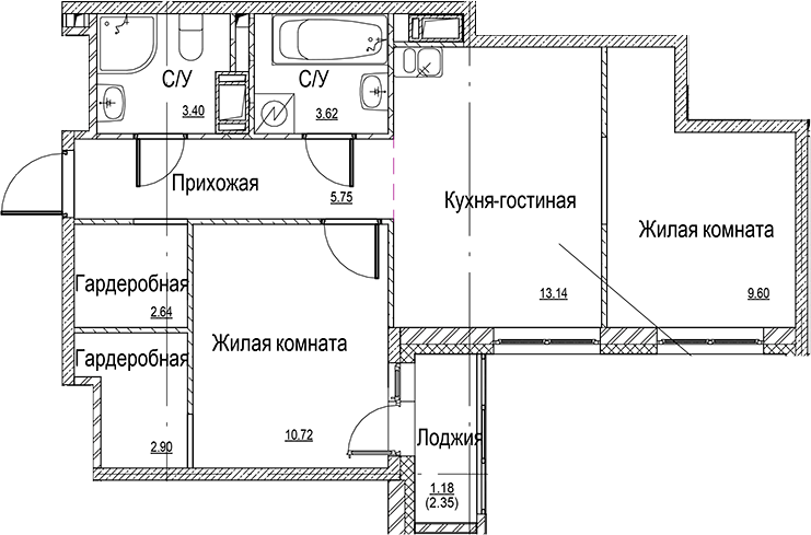 Планировка — ID Kudrovo II, 3-комн., 52 м²