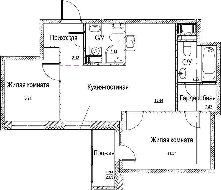 Планировка — ID Kudrovo II, 3-комн., 50 м²