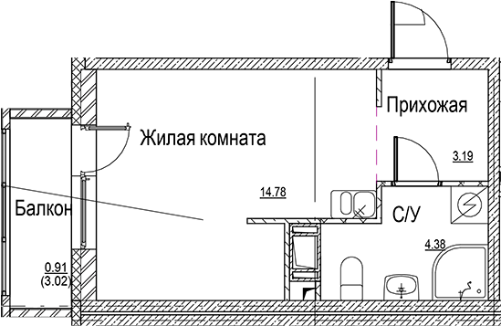 Планировка — ID Kudrovo II, Студия, 22 м²