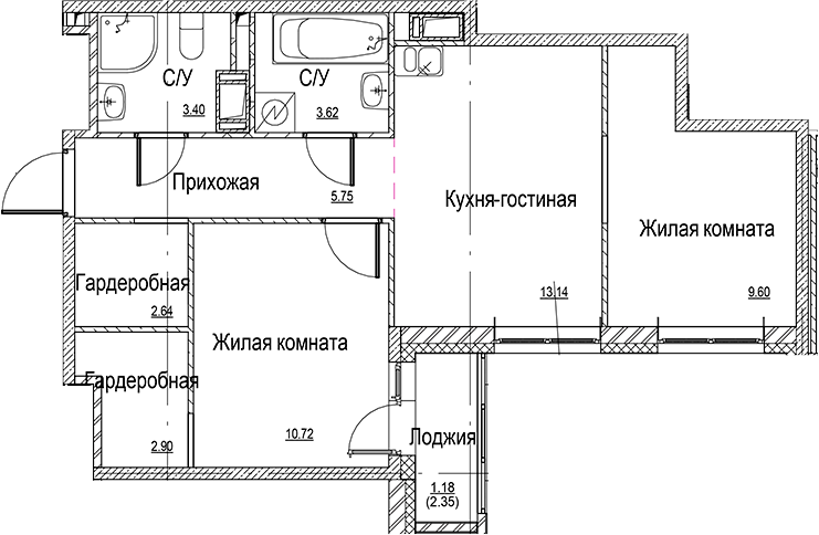 Планировка — ID Kudrovo II, 3-комн., 52 м²