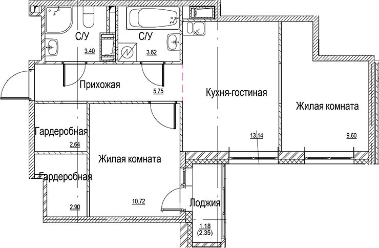 Планировка — ID Kudrovo II, 3-комн., 52 м²