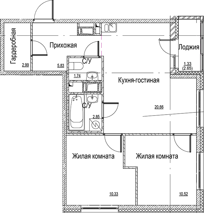 Планировка — ID Kudrovo II, 3-комн., 55 м²