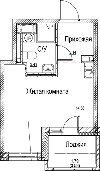 Планировка — ID Kudrovo II, Студия, 21 м²