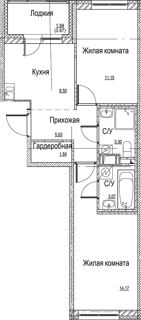 Планировка — ID Kudrovo II, 2-комн., 47 м²