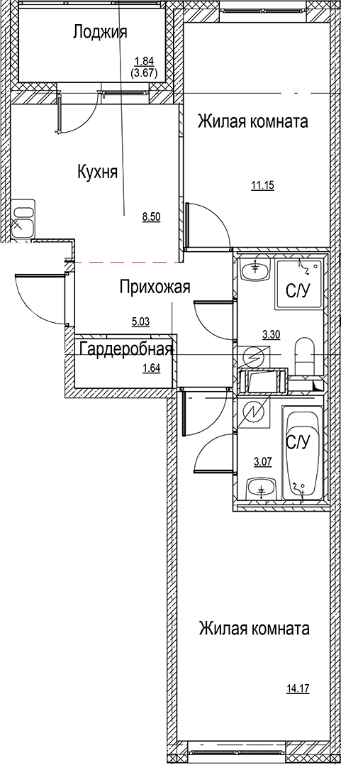 Планировка — ID Kudrovo II, 2-комн., 47 м²