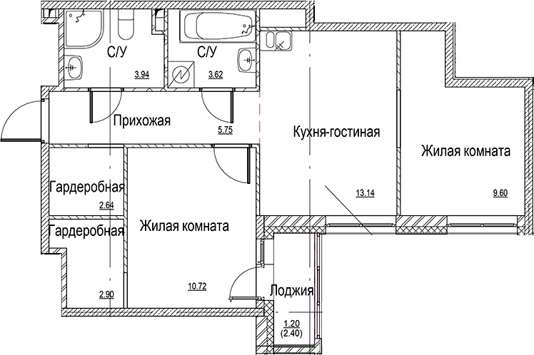 Планировка — ID Kudrovo II, 3-комн., 52 м²