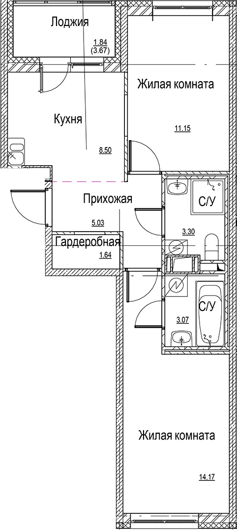 Планировка — ID Kudrovo II, 2-комн., 47 м²
