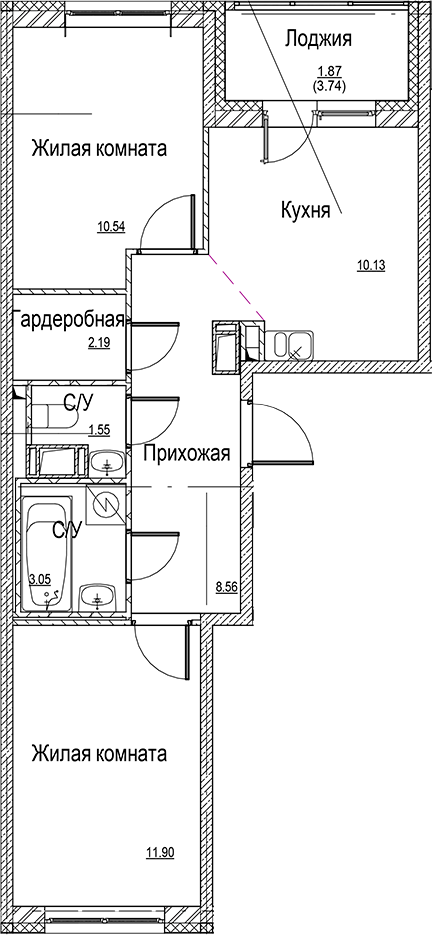 Планировка — ID Kudrovo II, 2-комн., 48 м²