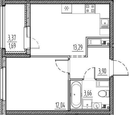 Планировка — Новый Московский, 1-комн., 33 м²
