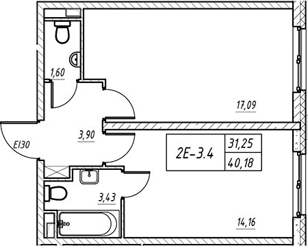 Планировка — Зум на Неве, 2-комн., 40 м²