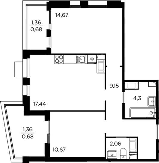 Планировка — RESPECT, 3-комн., 58 м²