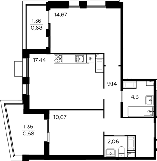 Планировка — RESPECT, 3-комн., 58 м²