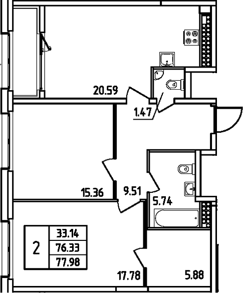 Планировка — Дефанс, 3-комн., 76 м²
