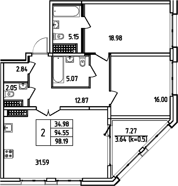Планировка — Дефанс, 3-комн., 95 м²