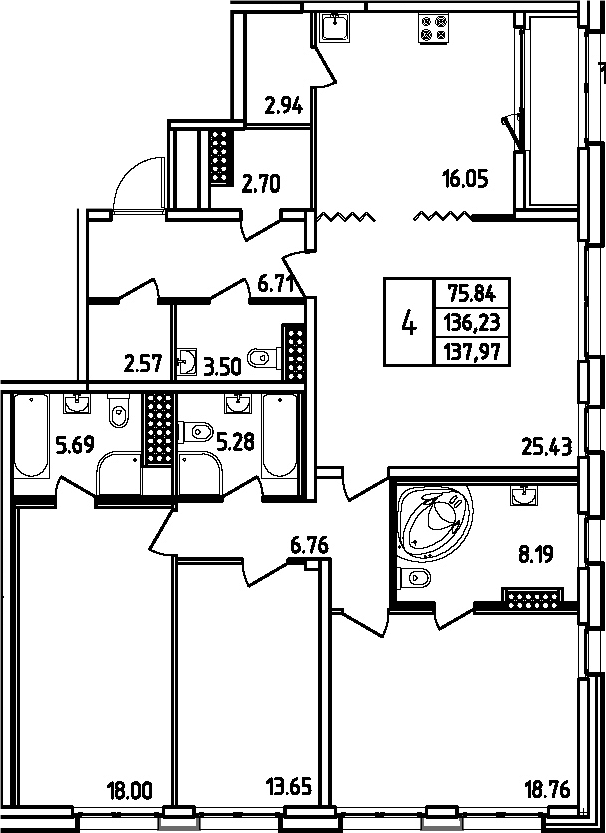 Планировка — Дефанс, 5-комн., 136 м²
