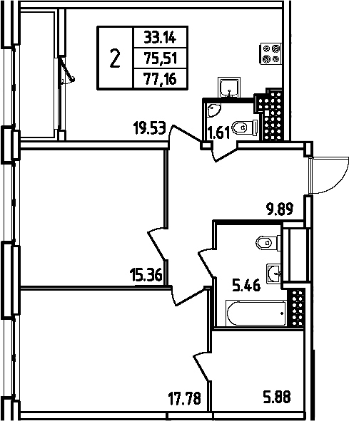 Планировка — Дефанс, 3-комн., 76 м²