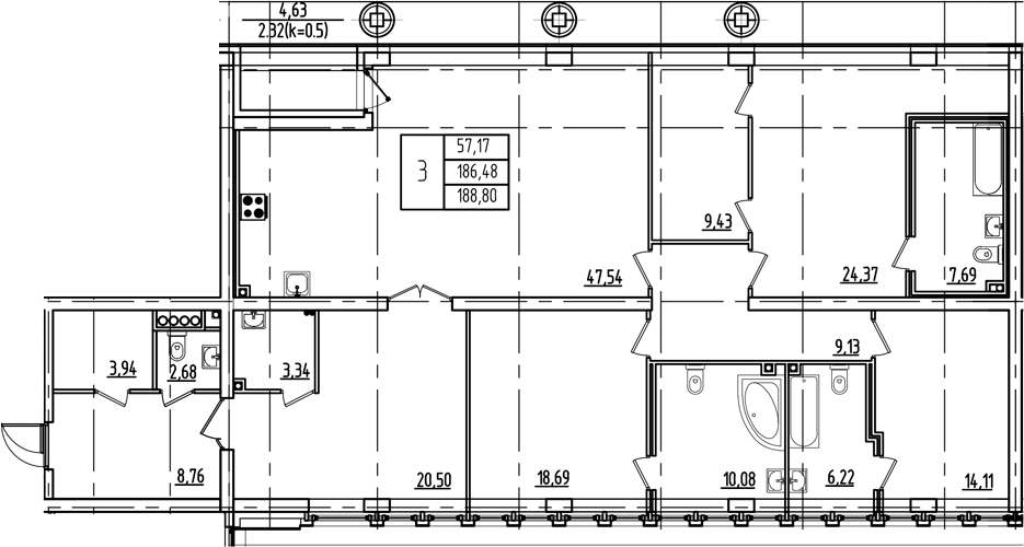 Планировка — Дефанс, 4-комн., 186 м²