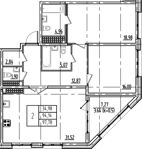 Планировка — Дефанс, 3-комн., 94 м²