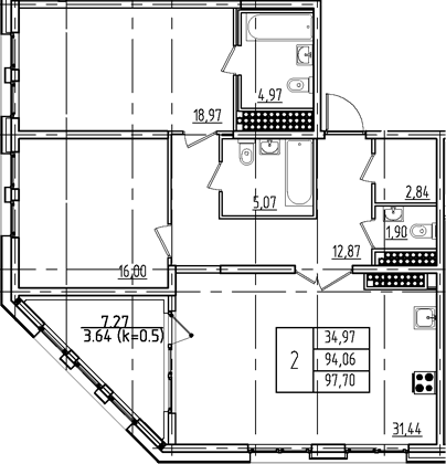 Планировка — Дефанс, 3-комн., 94 м²