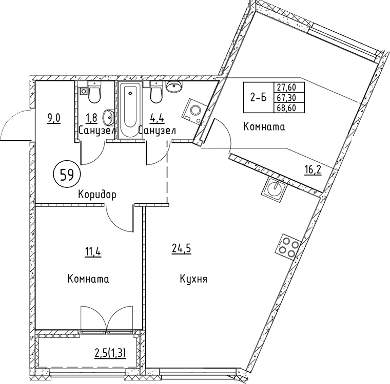 Планировка — Кронунг Юг, 3-комн., 67 м²