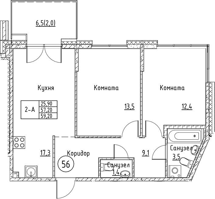 Планировка — Кронунг Юг, 3-комн., 57 м²