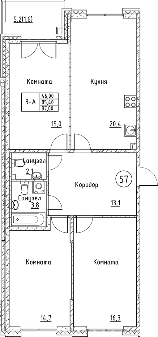 Планировка — Кронунг Юг, 4-комн., 85 м²