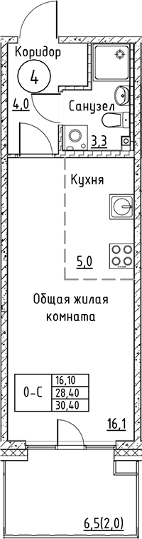Планировка — Кронунг Юг, Студия, 28 м²