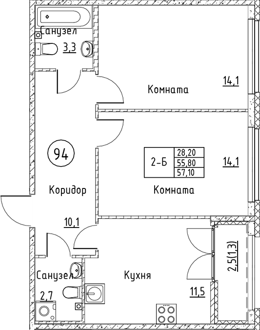 Планировка — Кронунг Юг, 2-комн., 56 м²