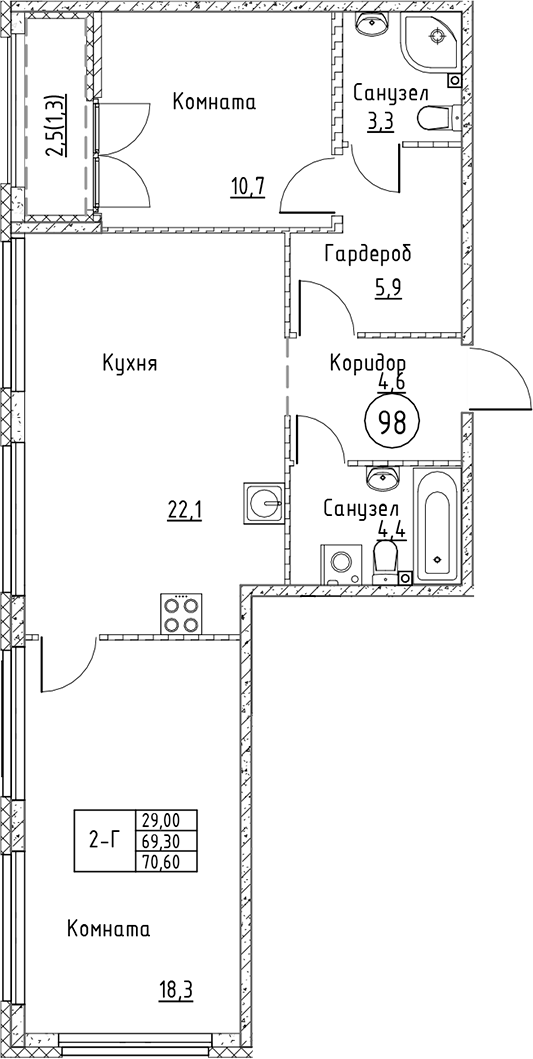 Планировка — Кронунг Юг, 3-комн., 69 м²
